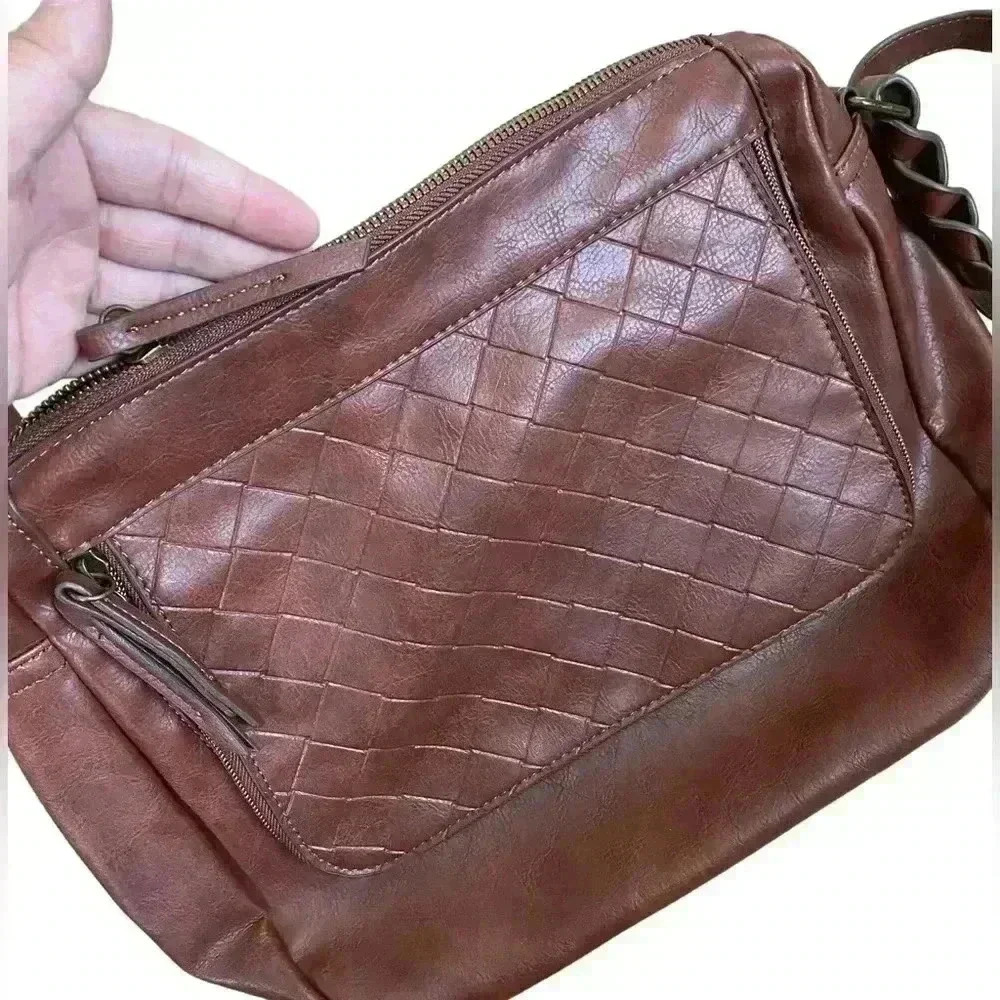 Brand New Chestnut Faux Leather Bag with Braided Straps